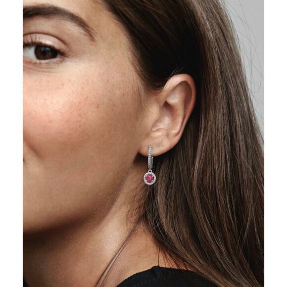 Pandora Red Round Sparkling Sterling Silver Hoop Earrings - Picture 3 of 3